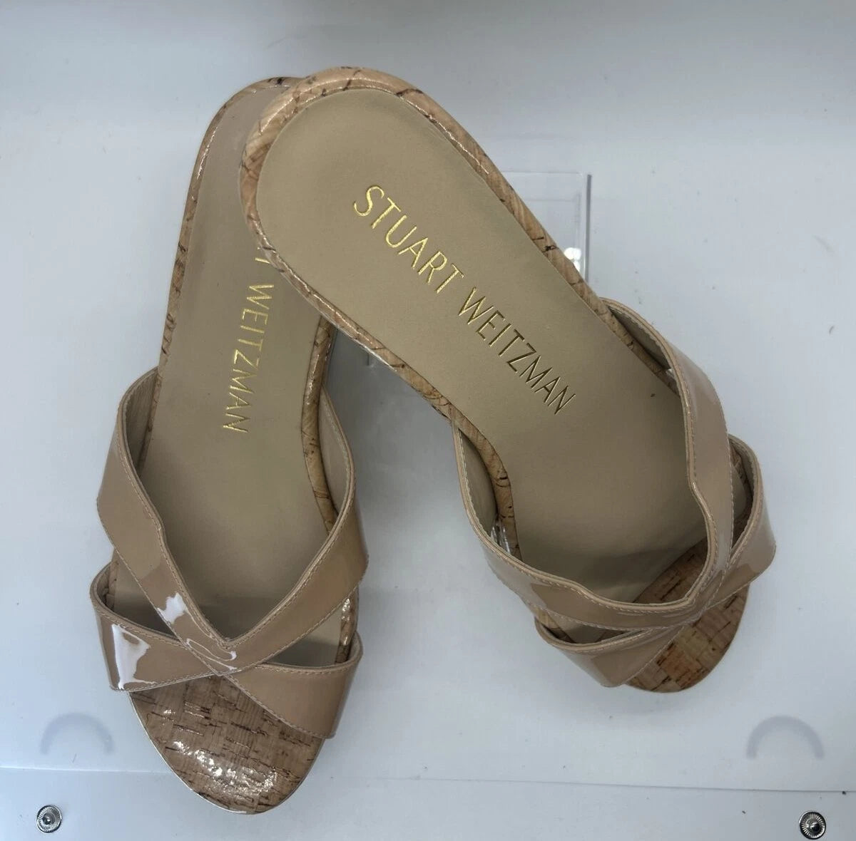 Stuart Weitzman CARMEN Platform Wedges 8 Adobe Slide Sandal Patent Leather $395
