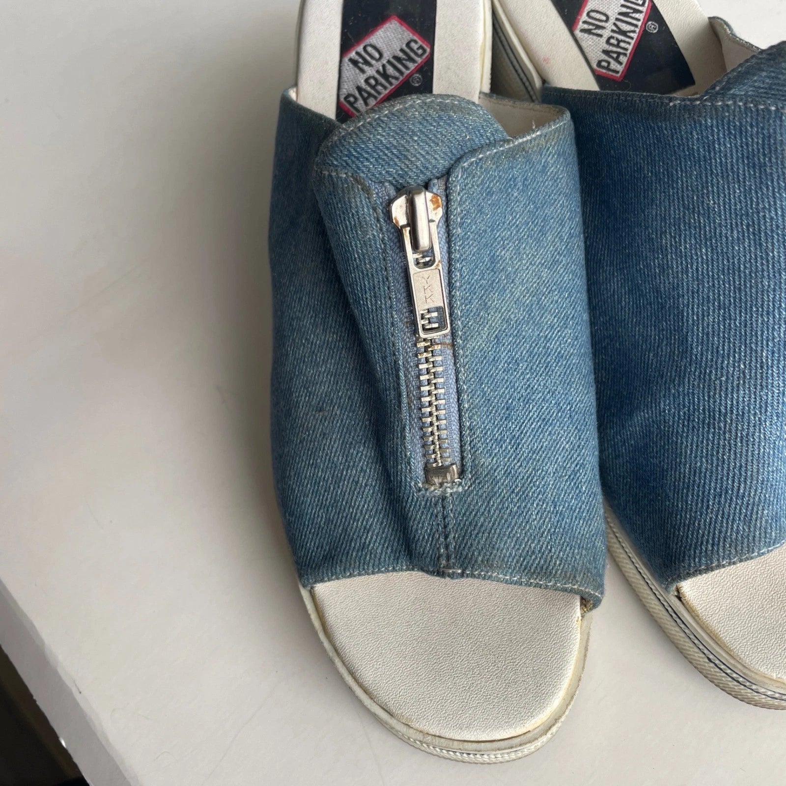 Y2K Denim Mules Heeled Sandals Zip Open Toe 90s Platform Shoes Women's Size 7.5