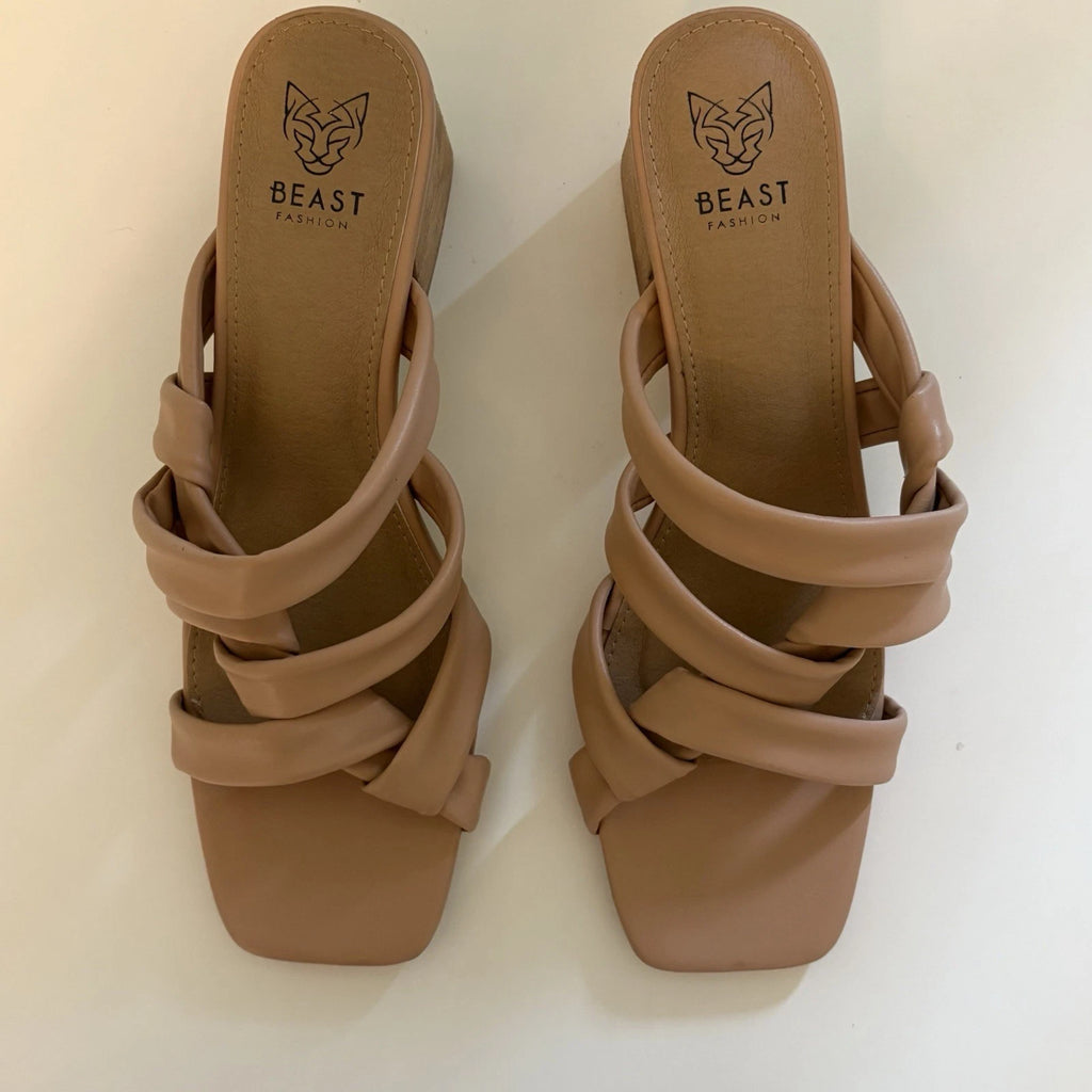Womens Slip on Slides 11 Tan Strappy Mid Chuncky Stack Heel Sq Toe Beast Fashion