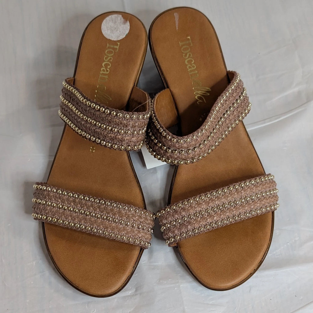 TOSCANELLA Wedge Sandals Size 8 Handmade in Italy Tan Beaded Two Band  BOHO