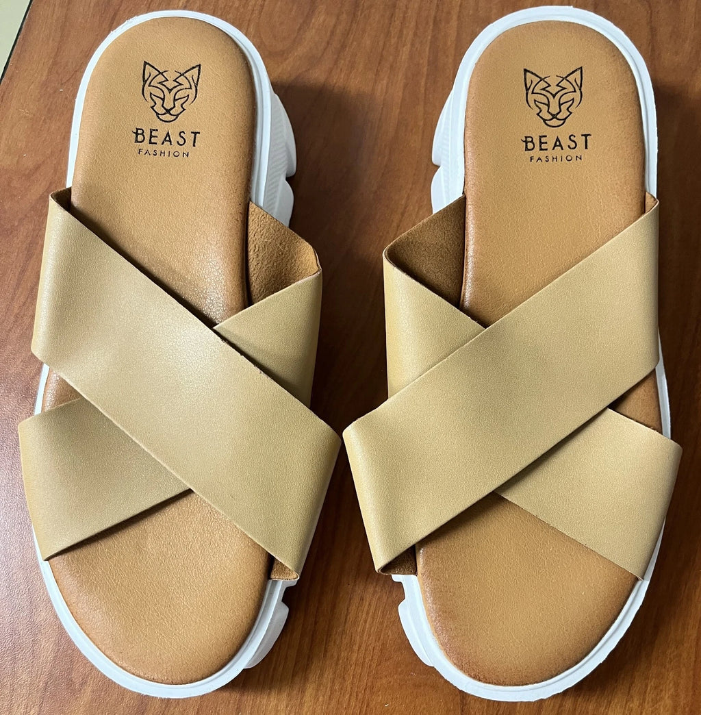 Beast Fashion Brown White Slip On Crossed Strap Sandal Womens Size 8 New