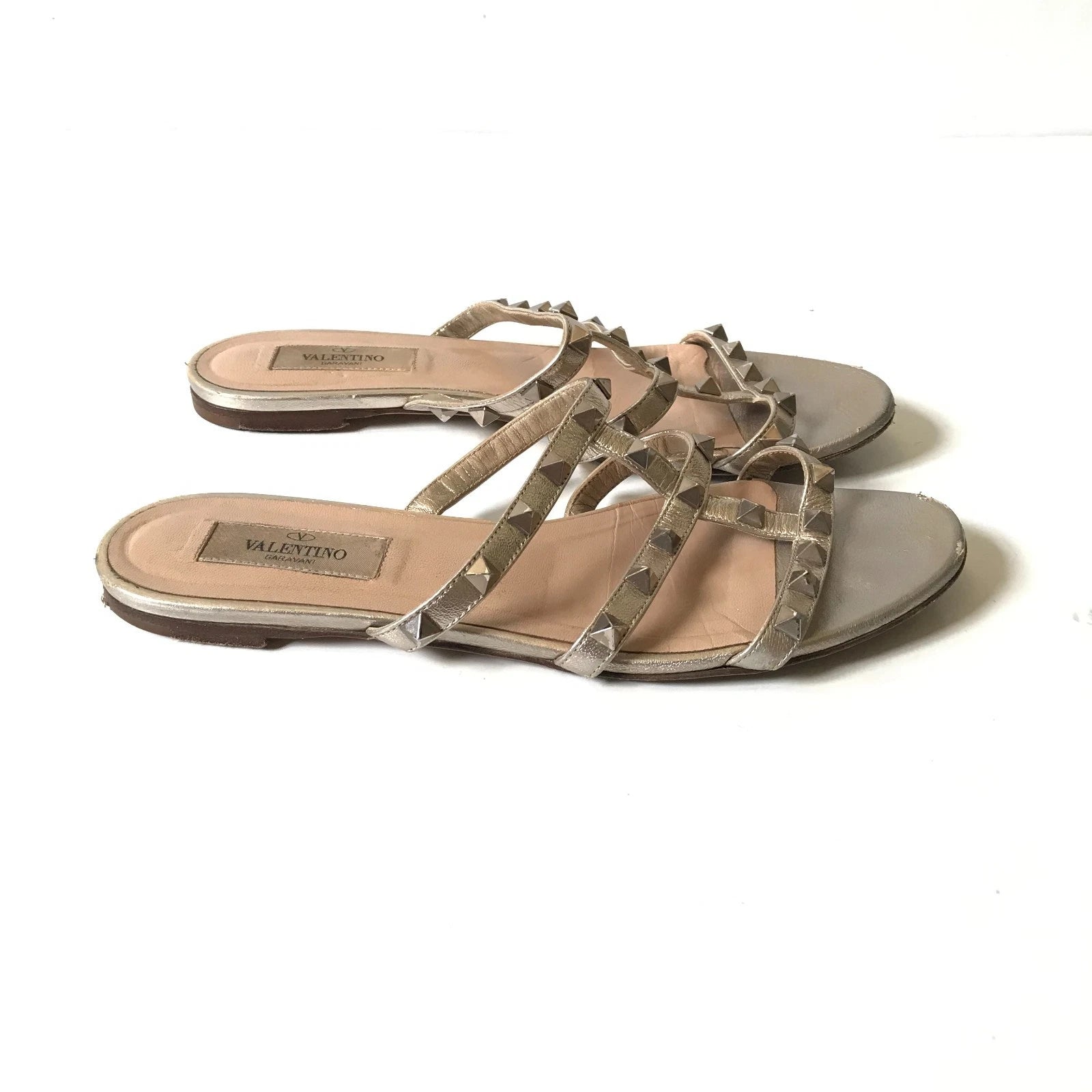 Valentino Rockstud Flat City Slide Sandals Womens 37.5 7.5 Metallic Leather Shoe