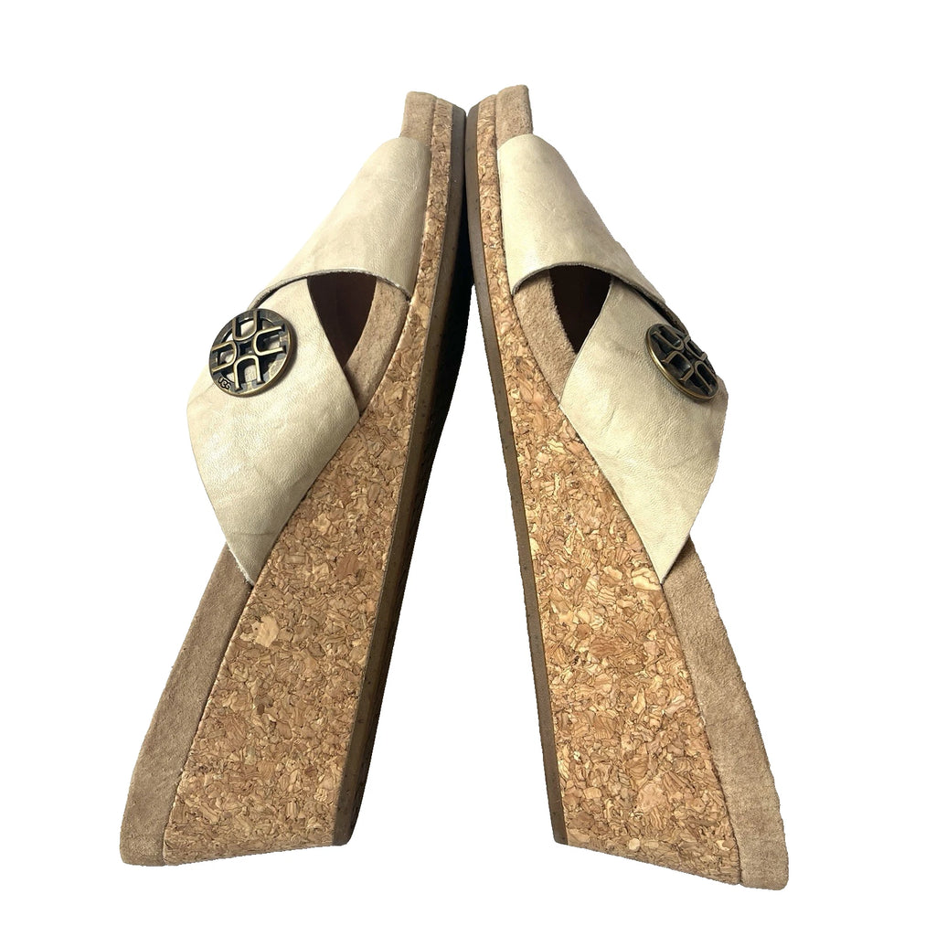 UGG Women's 9 Beige Leather Cross Slide Cork Wedge Summer Casual Sandals Slip On