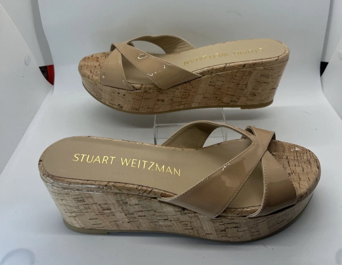 Stuart Weitzman CARMEN Platform Wedges 8 Adobe Slide Sandal Patent Leather $395
