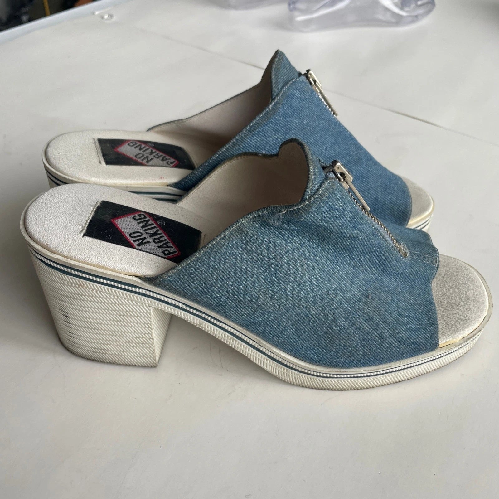 Y2K Denim Mules Heeled Sandals Zip Open Toe 90s Platform Shoes Women's Size 7.5