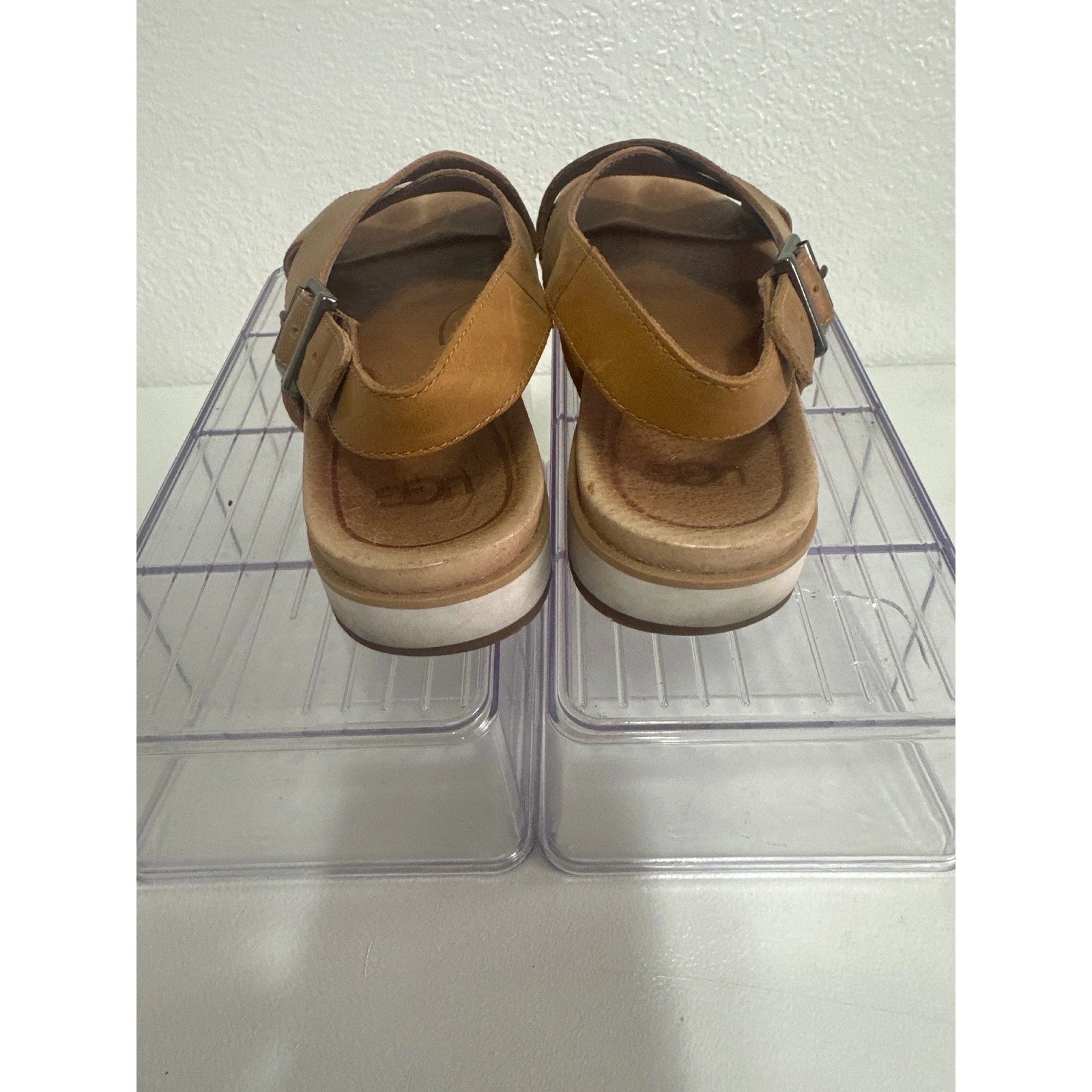 UGG Tan Leather Cross Strap Adjustable Buckle White Sole Sandals