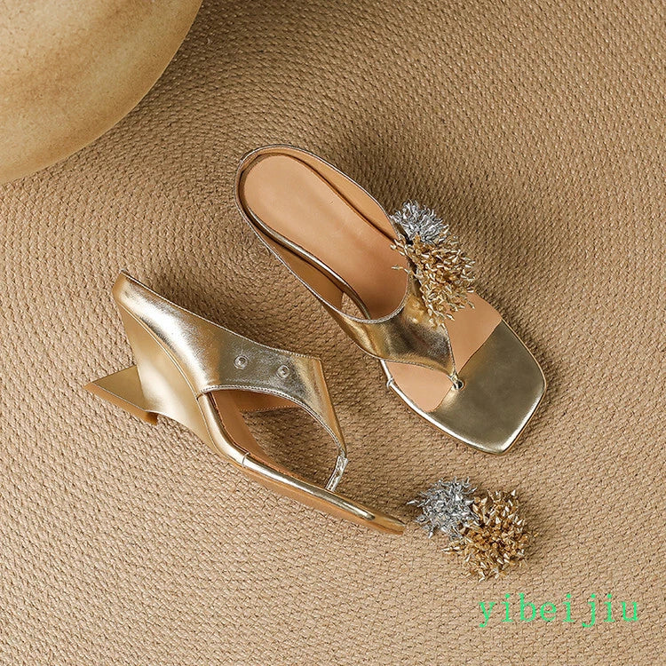 Women's Mid Wedge Heel Flip Flops Leather Thongs Sandals Slides Mules Shoes Lady