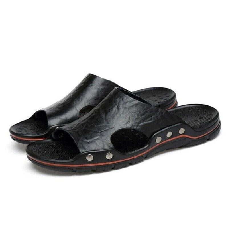 Mens Leather Slippers Summer Beach Fashion Sandals Casual Flats Slides Plus Size