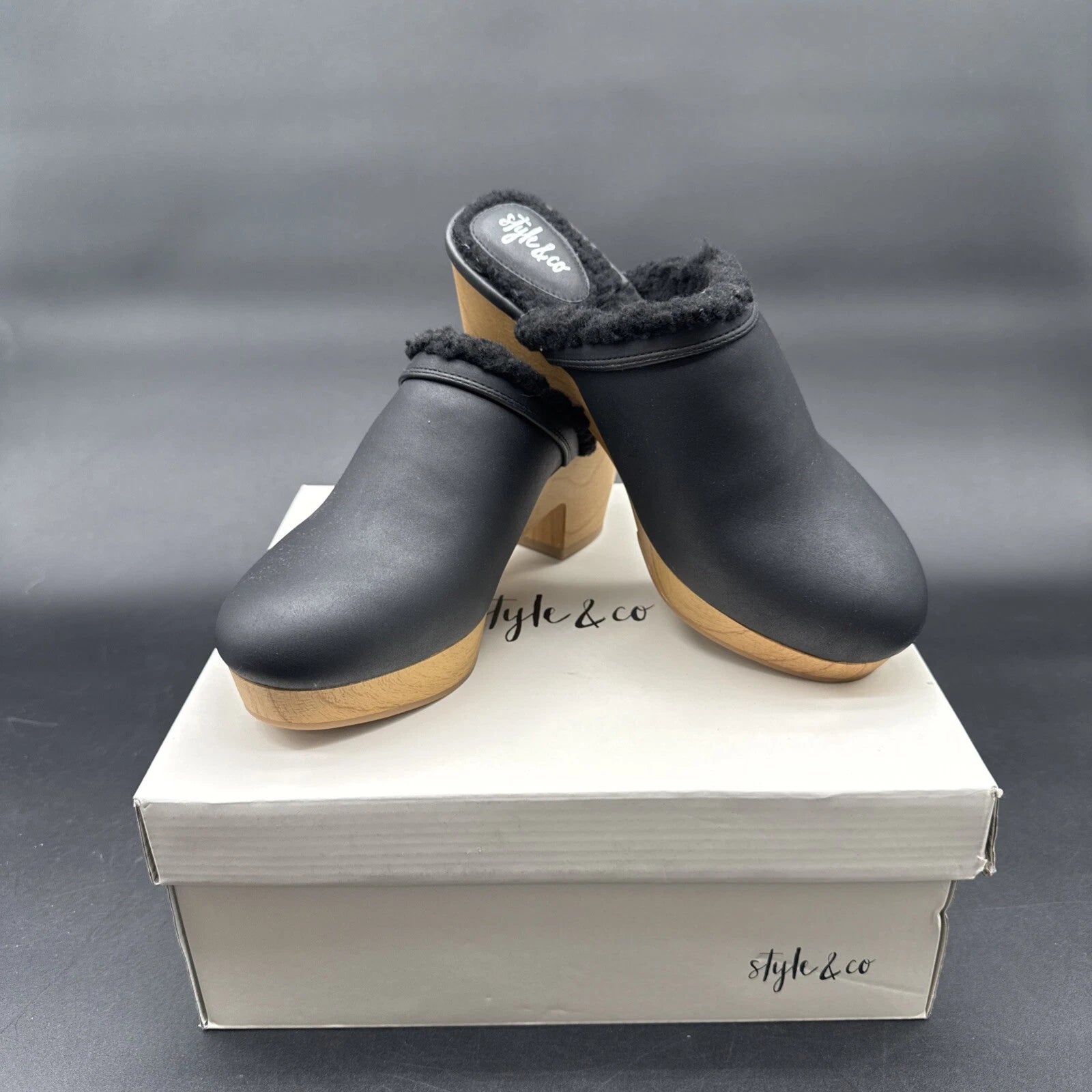 Style & Co Women's Tooma Slide Faux  Black Lined Clog Heeled Mules SZ 7.5 M NIB