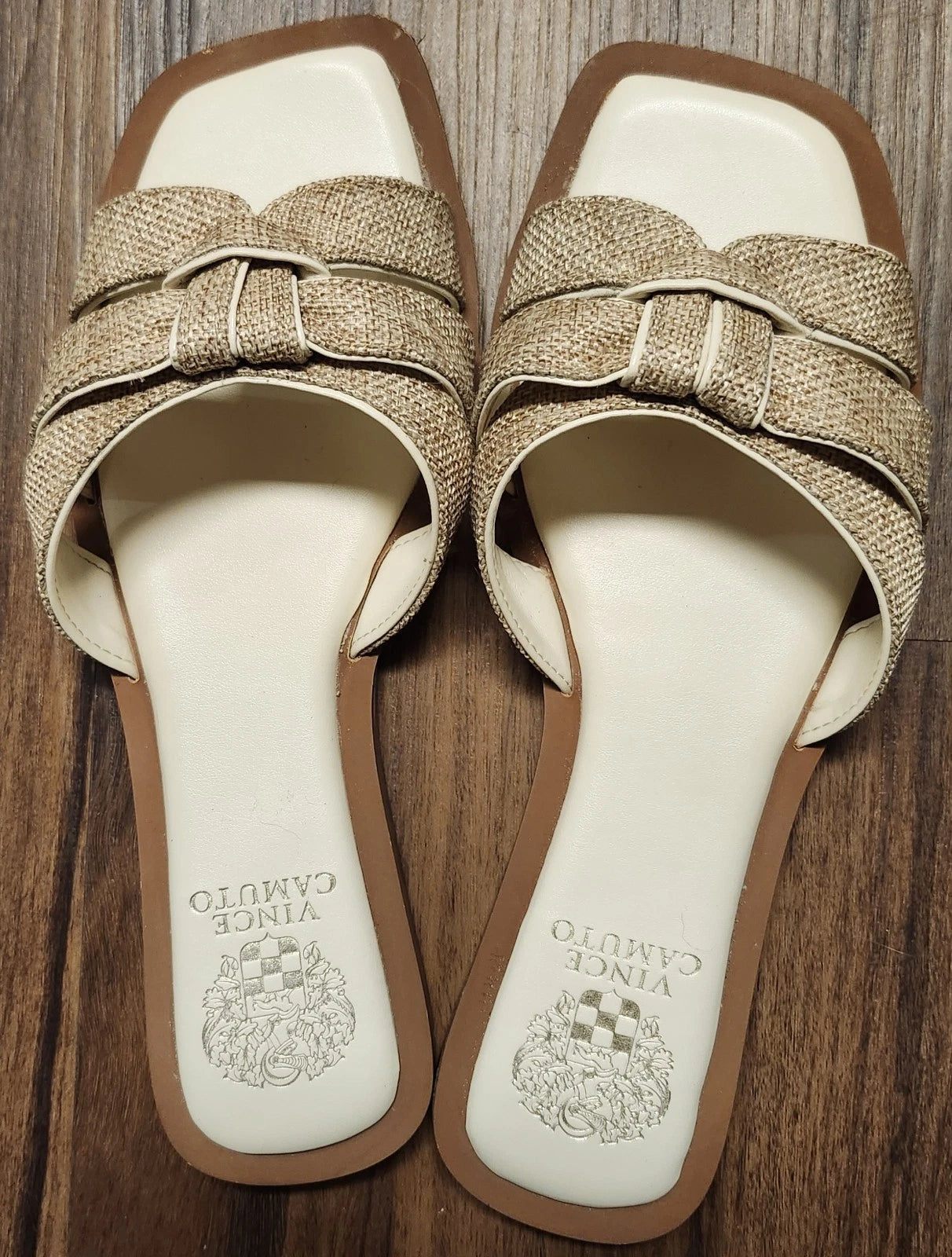 Womens Sz 8M Vince Camuto Flat Slide On Sandals, Tan w Burlap Style Straps, EUC