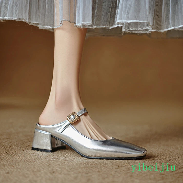 Women's Square Toe Mules Slides Low Heel Sandal Slingbacks Casual Shoes Office