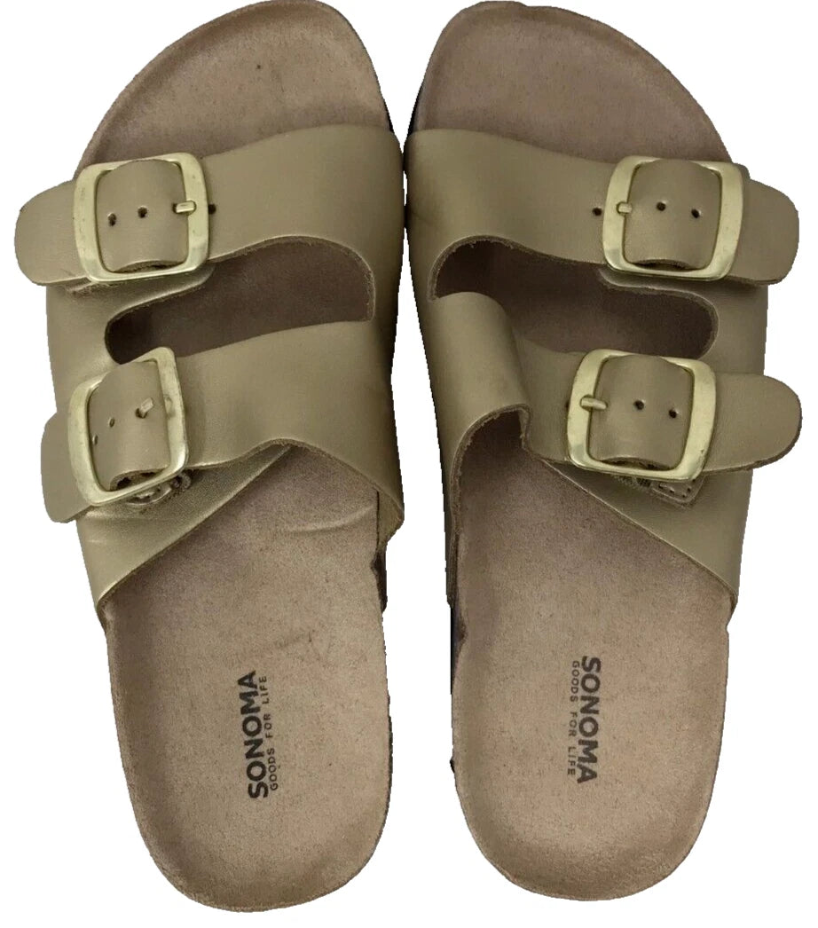 Sonoma Women's Artwork Double Buckle Leather Slide Sandals Gold Size:9 201E