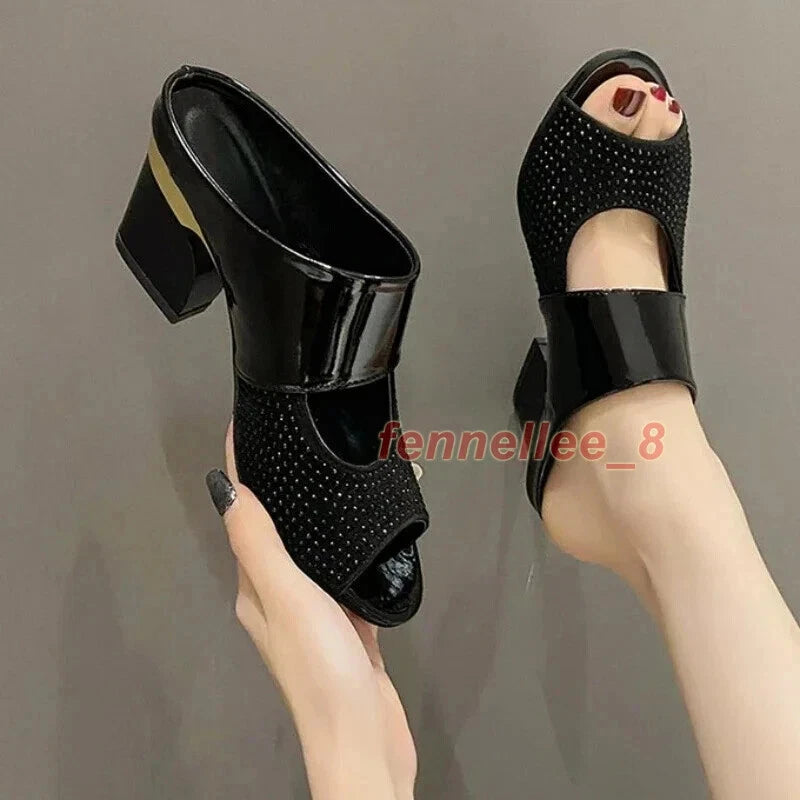 Women Sandals Square Heel Pumps Fashion Summer High Heels Slides Slippers Shoes