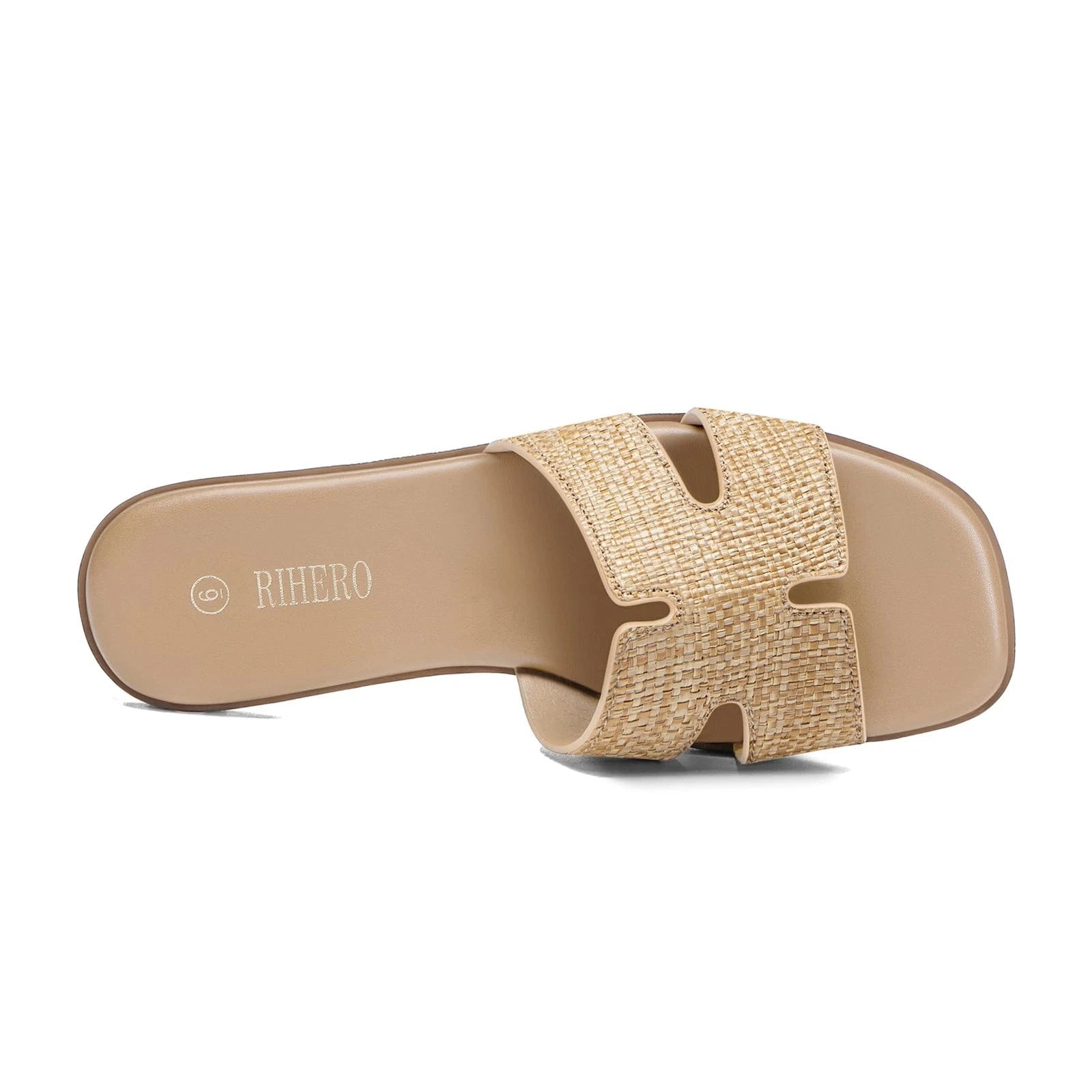 Comfortable Women's Slip On Leather Raffia Flat Sandals Dressy Slide Shoes
