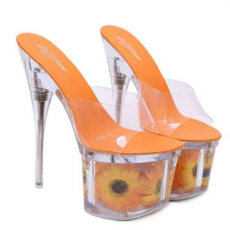Women's Clear Transparent Flower Slipper Mules Slides Platform High Heel Sandals