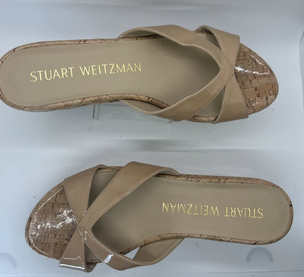 Stuart Weitzman CARMEN Platform Wedges 8 Adobe Slide Sandal Patent Leather $395
