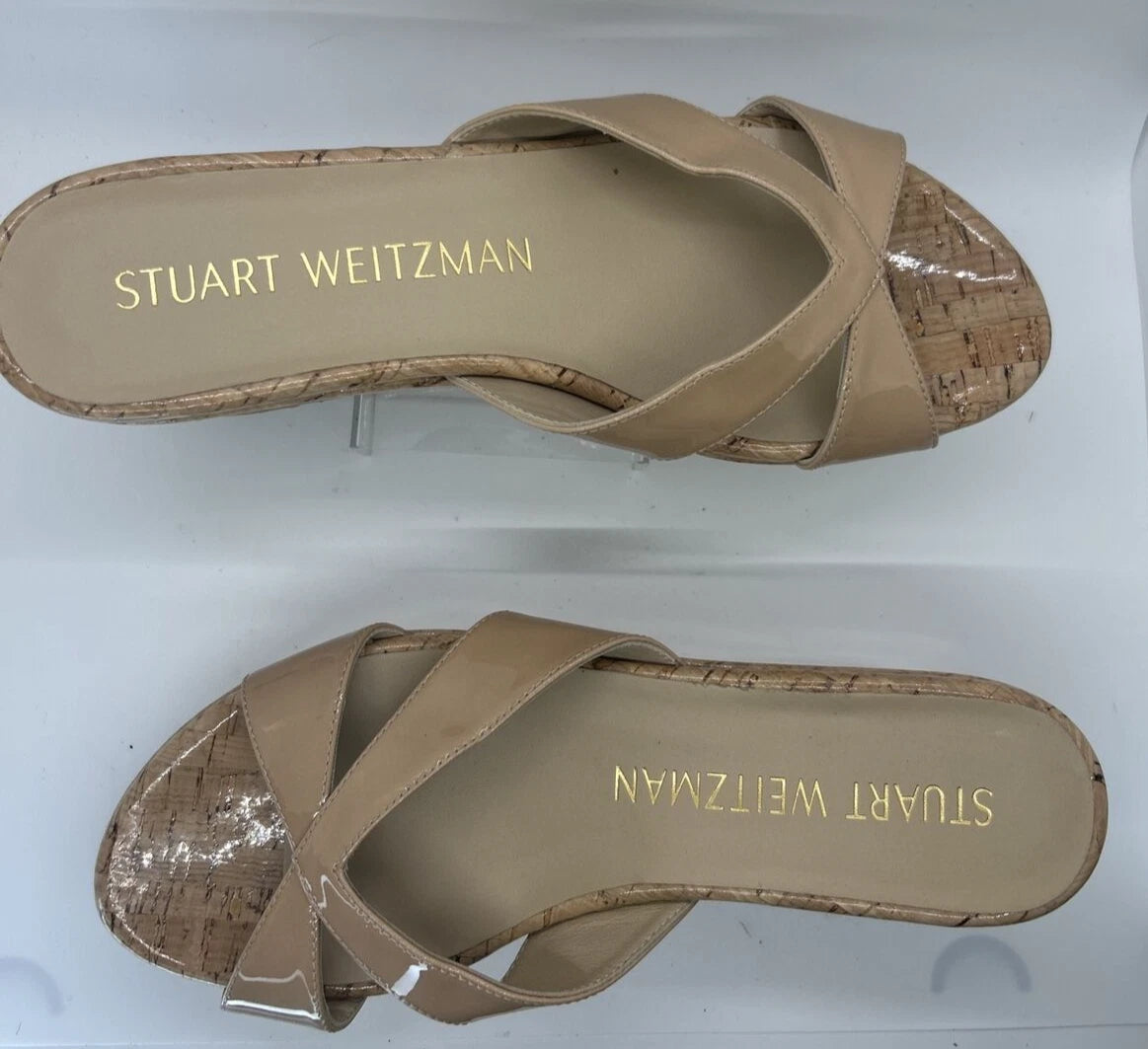 Stuart Weitzman CARMEN Platform Wedges 8 Adobe Slide Sandal Patent Leather $395