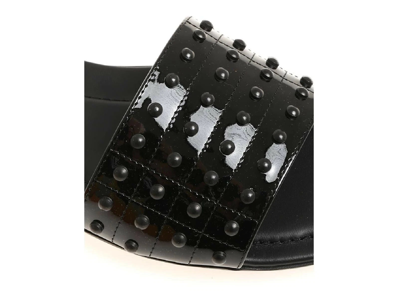 Tod's Women's fashion slip-on flat slide sandals black patent leather with studs