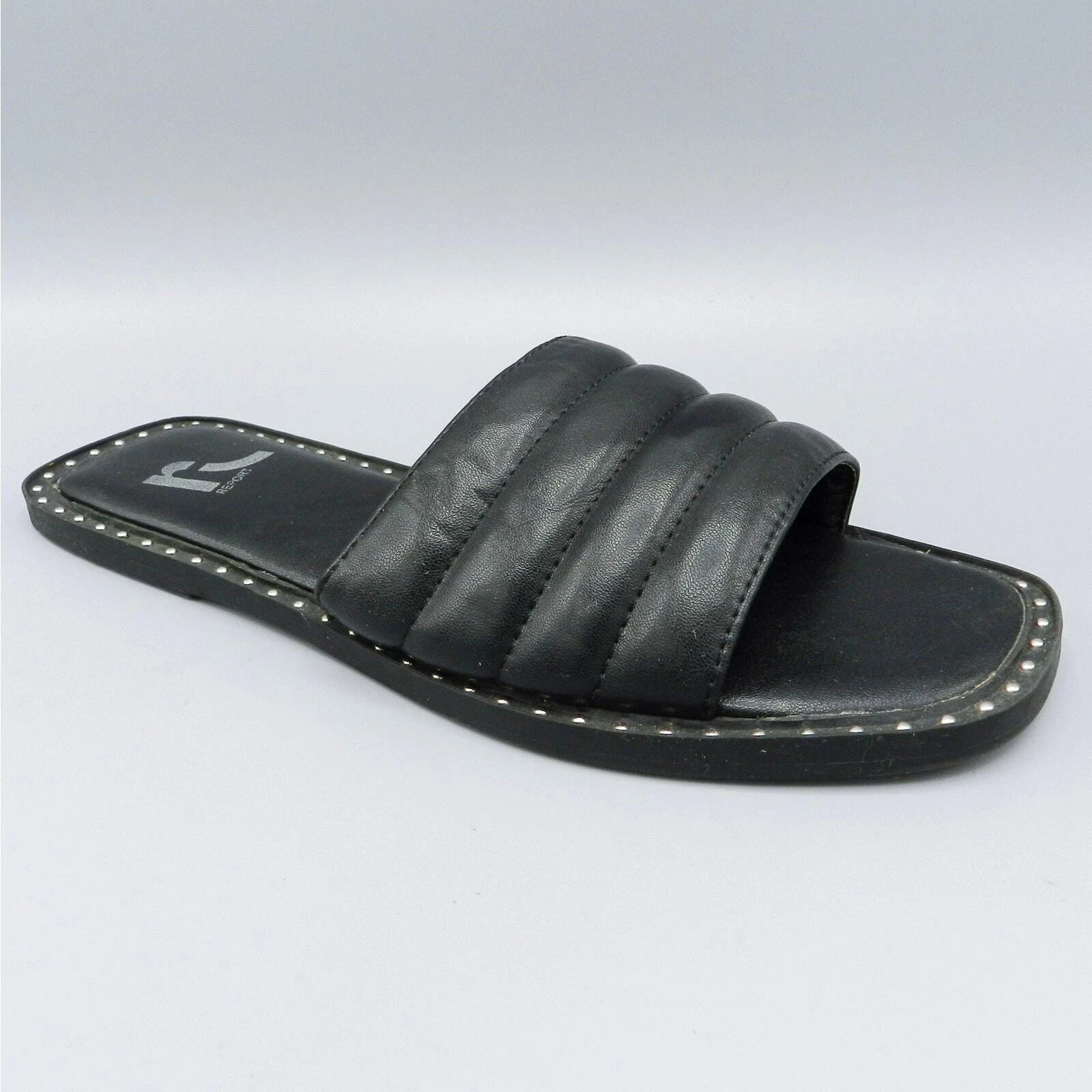 Report Rosalee Puff Slide Sandals Studded Sz 7 Black Faux Leather Square Toe