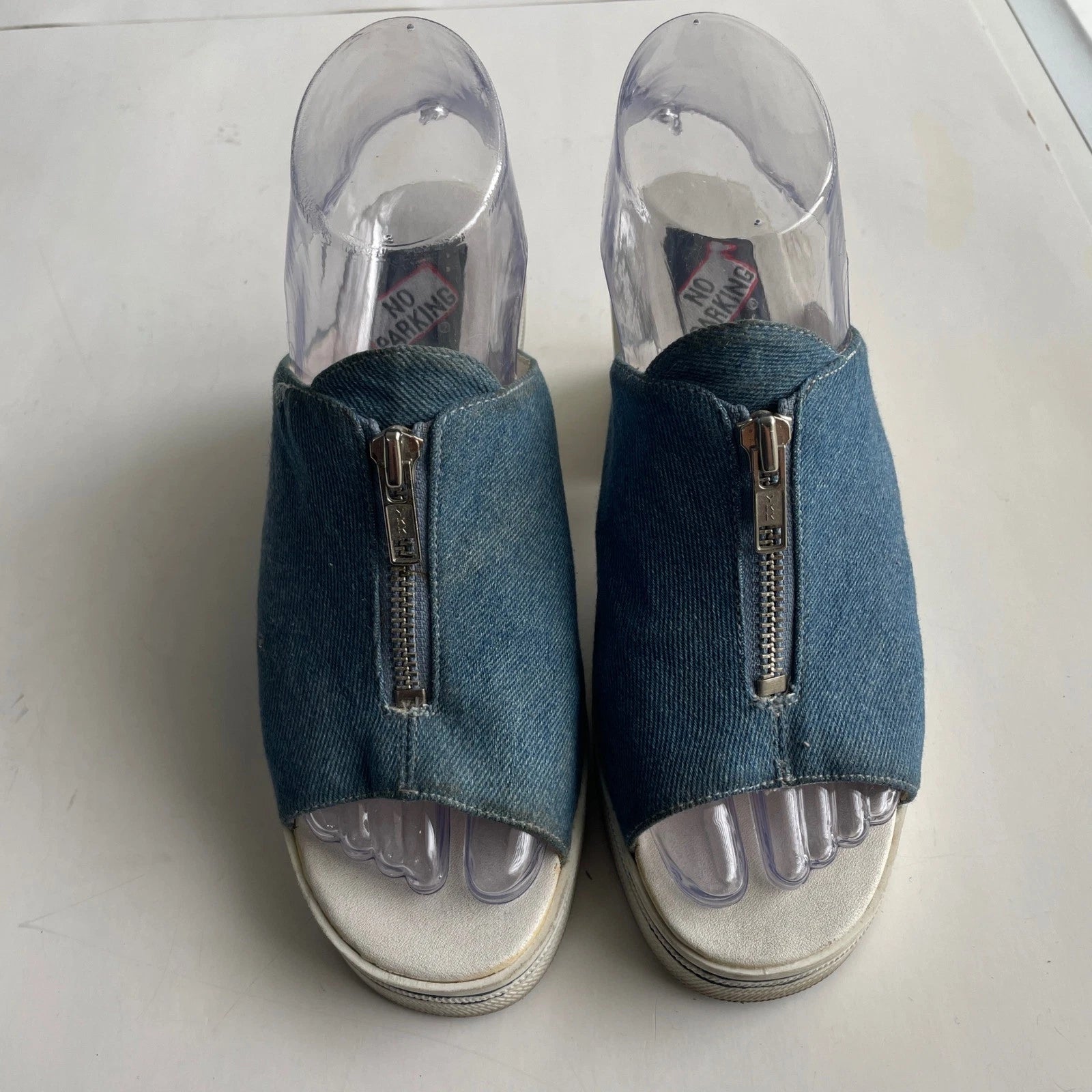 Y2K Denim Mules Heeled Sandals Zip Open Toe 90s Platform Shoes Women's Size 7.5