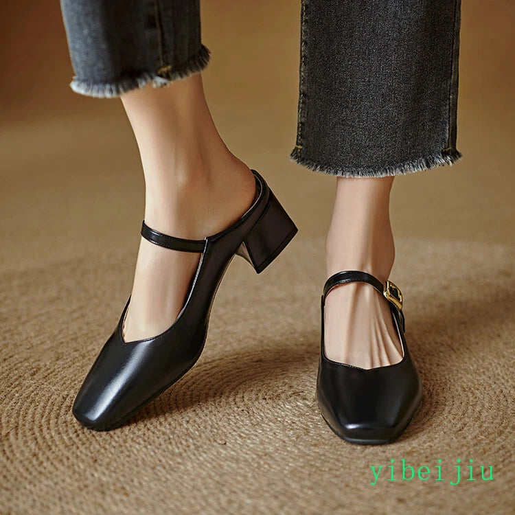 Women's Square Toe Mules Slides Low Heel Sandal Slingbacks Casual Shoes Office