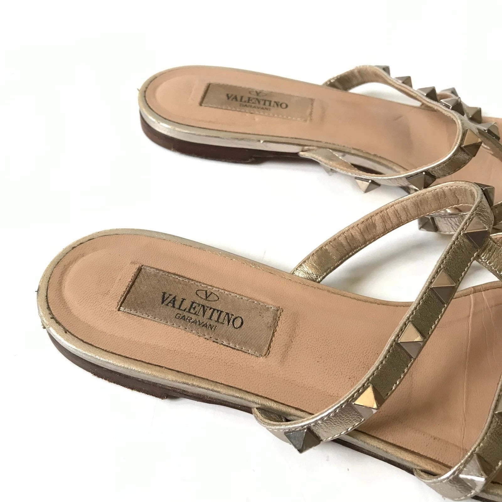 Valentino Rockstud Flat City Slide Sandals Womens 37.5 7.5 Metallic Leather Shoe