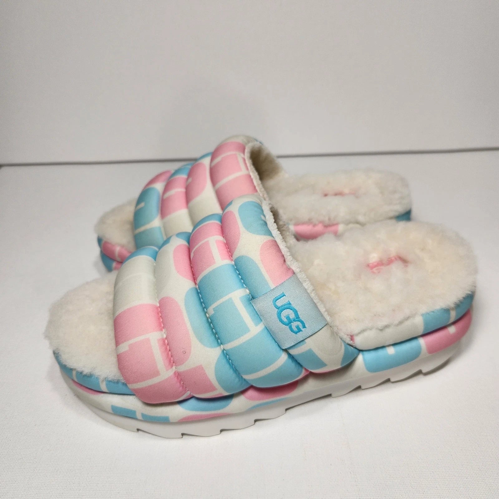 UGG Unisex Chunky Maxi Platform Sheepskin Slide Sandals Pink/Blue Sz W 8.5 /M 7