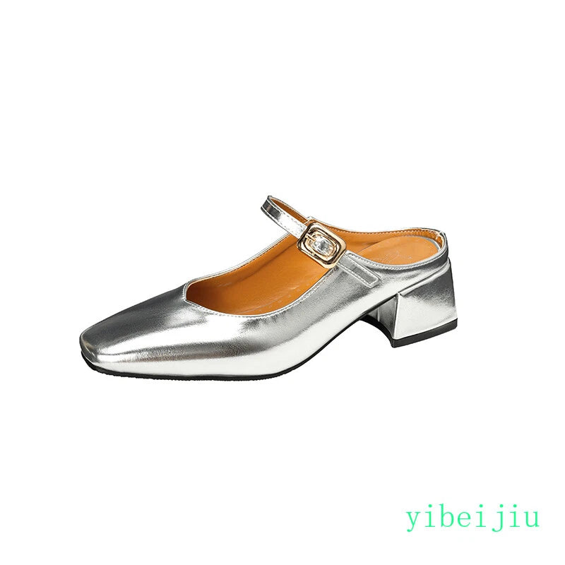 Women's Square Toe Mules Slides Low Heel Sandal Slingbacks Casual Shoes Office