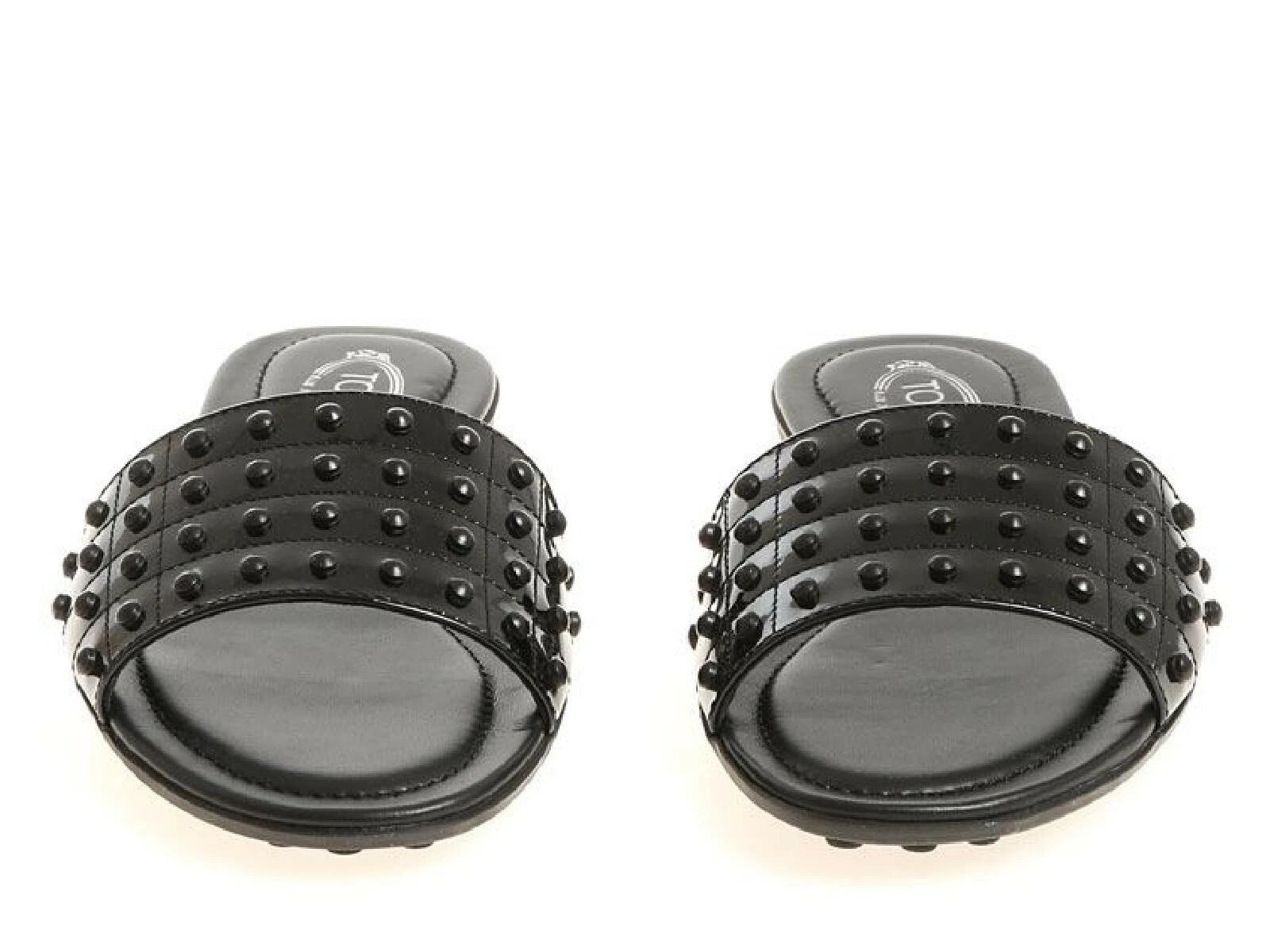 Tod's Women's fashion slip-on flat slide sandals black patent leather with studs