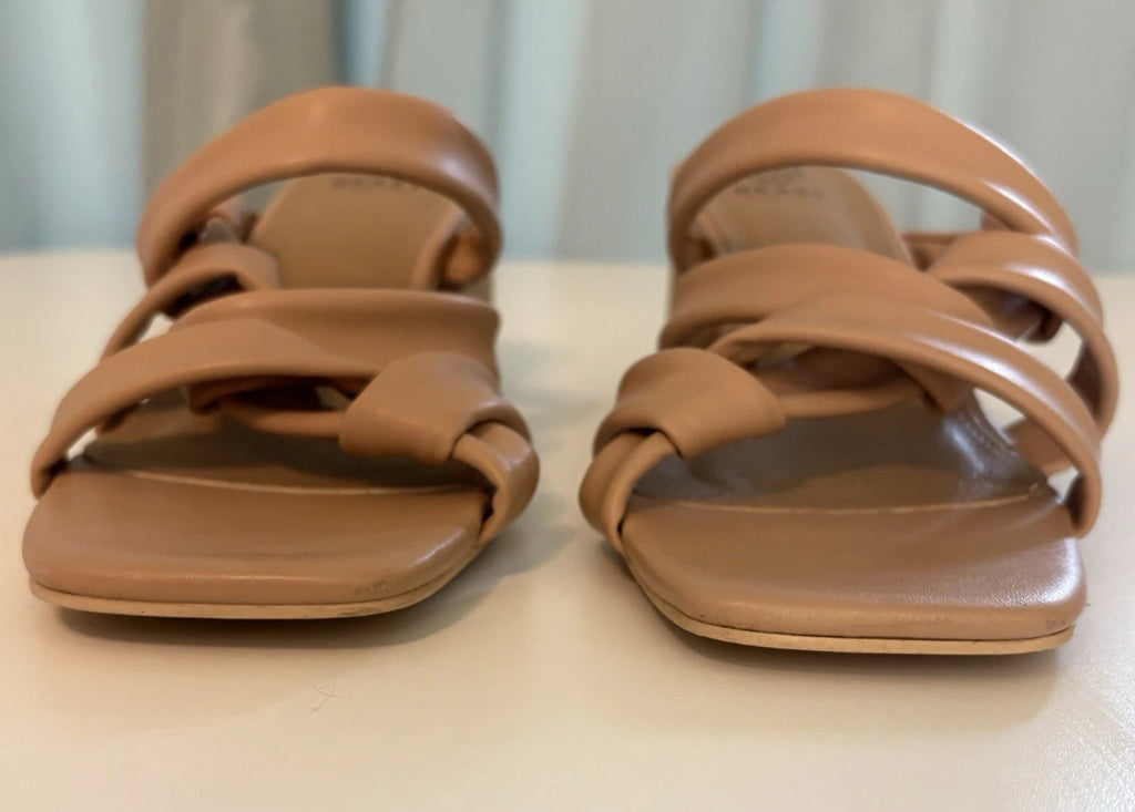 Womens Slip on Slides 11 Tan Strappy Mid Chuncky Stack Heel Sq Toe Beast Fashion