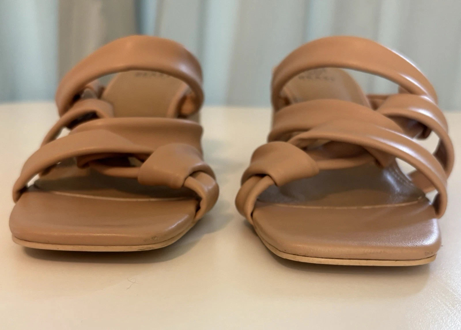 Womens Slip on Slides 11 Tan Strappy Mid Chuncky Stack Heel Sq Toe Beast Fashion