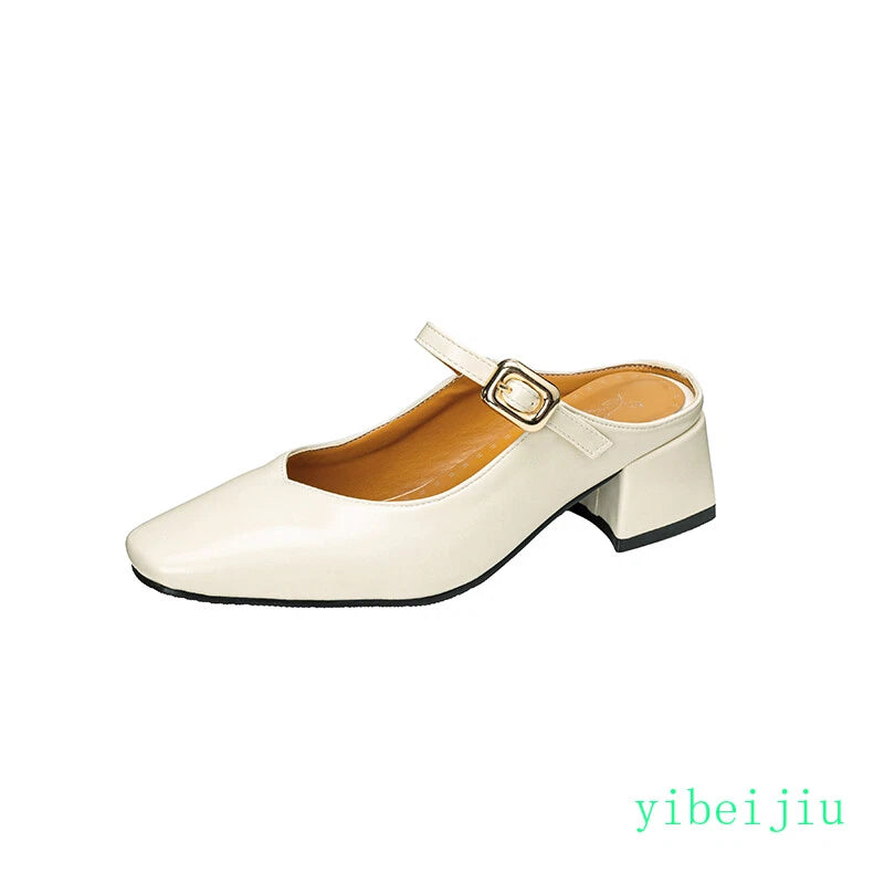 Women's Square Toe Mules Slides Low Heel Sandal Slingbacks Casual Shoes Office