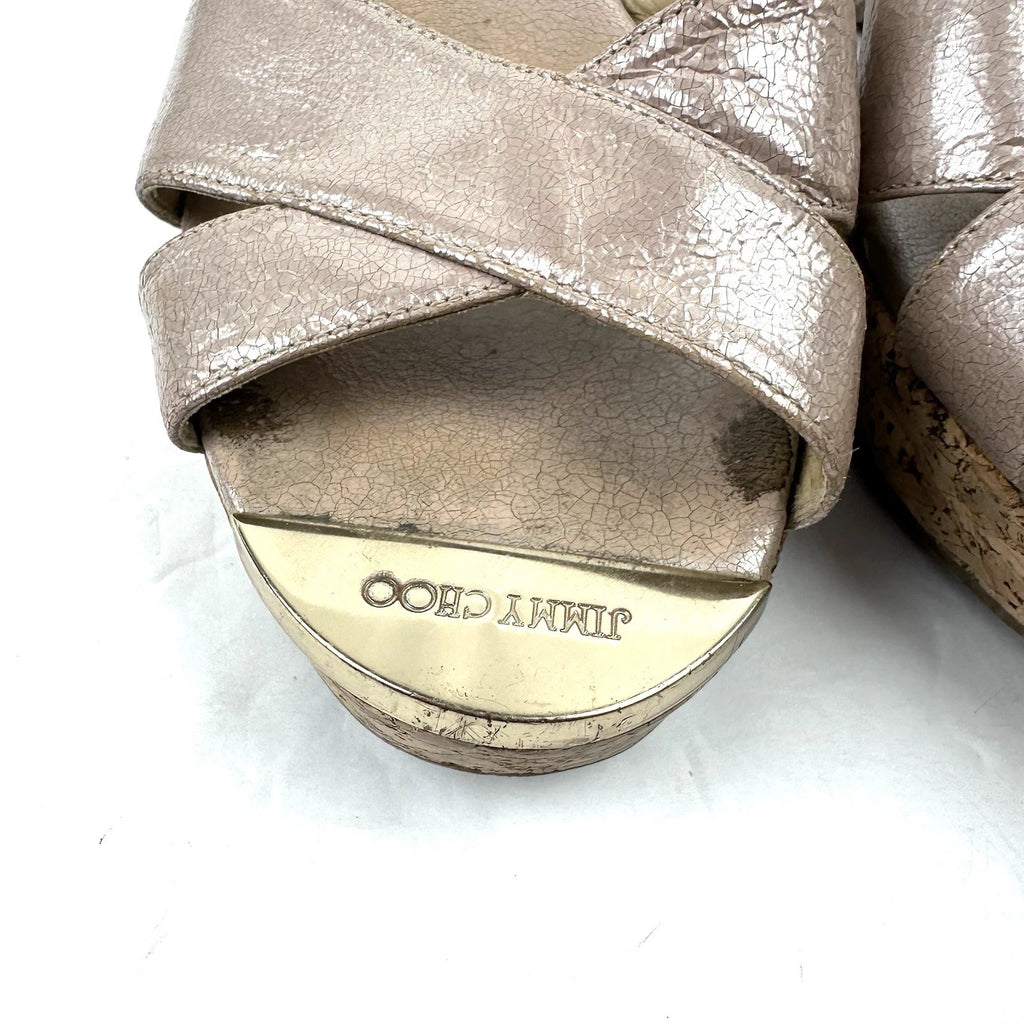 Jimmy Choo Panna Sandals 7 Cork Heel Womens Slip On Shoes Made In Spain