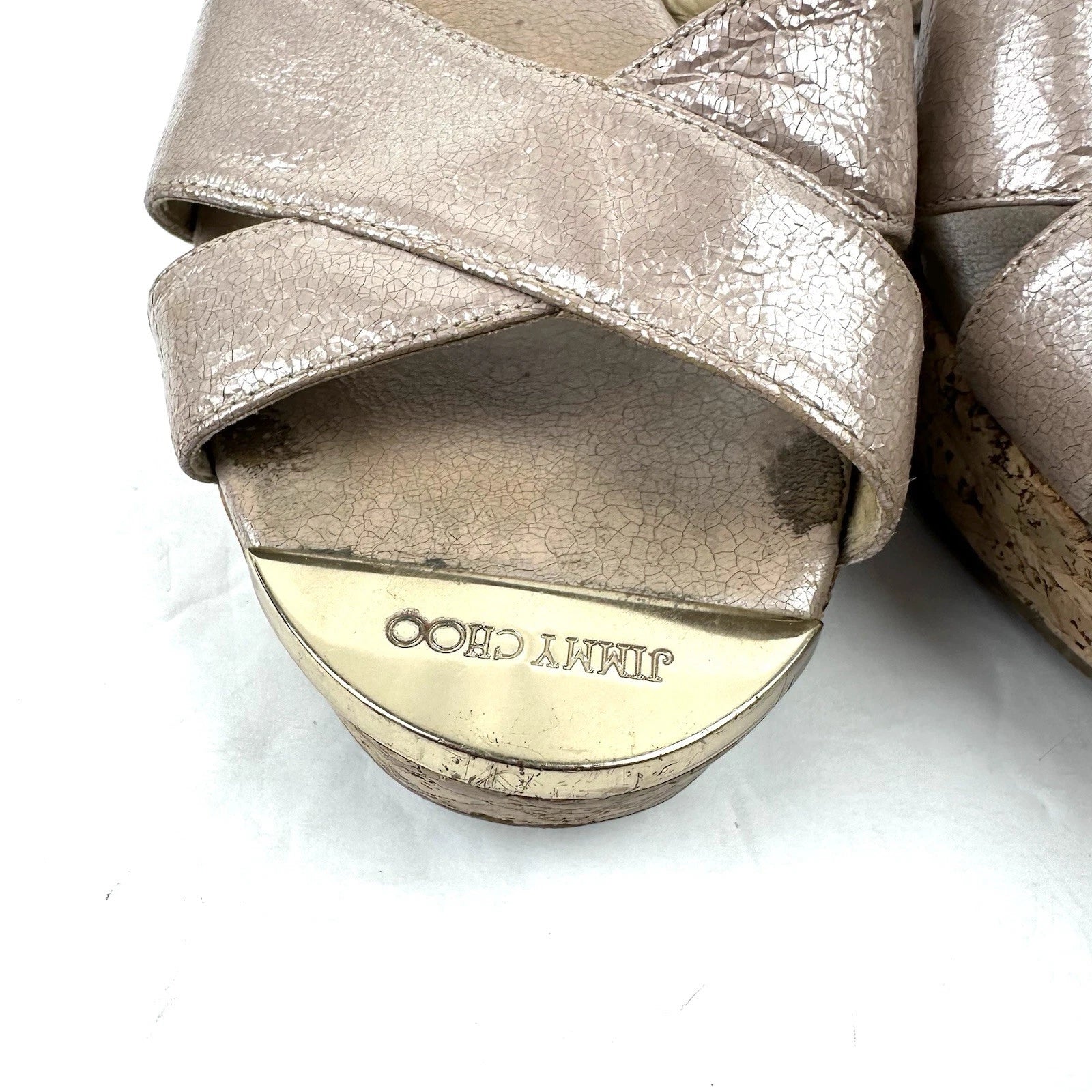 Jimmy Choo Panna Sandals 7 Cork Heel Womens Slip On Shoes Made In Spain