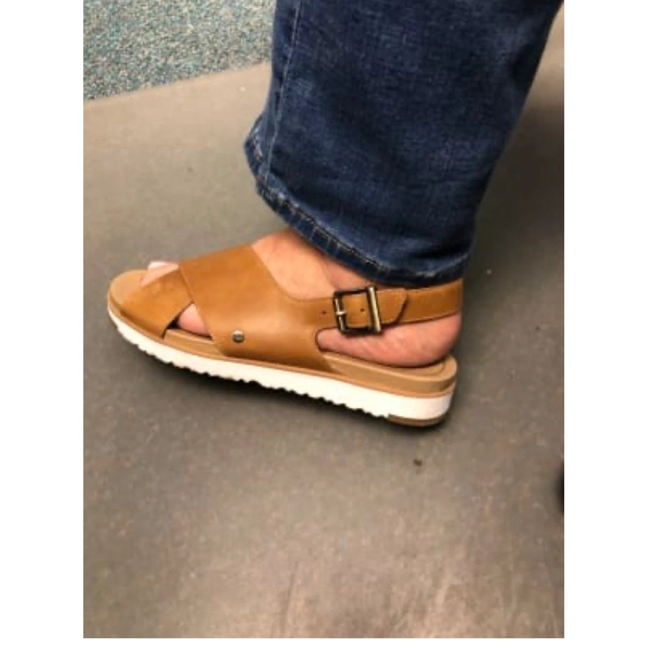 UGG Tan Leather Cross Strap Adjustable Buckle White Sole Sandals