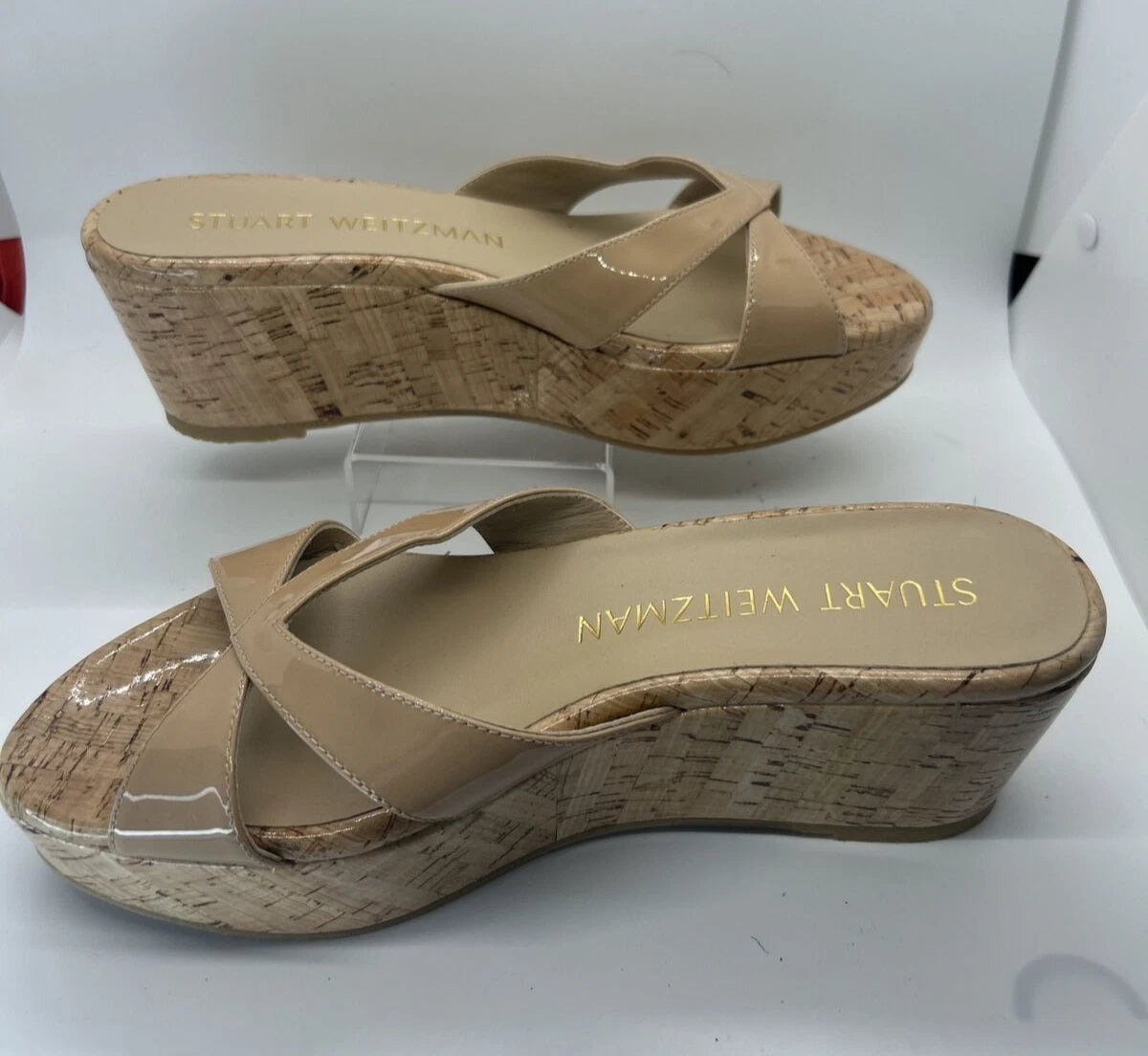 Stuart Weitzman CARMEN Platform Wedges 8 Adobe Slide Sandal Patent Leather $395