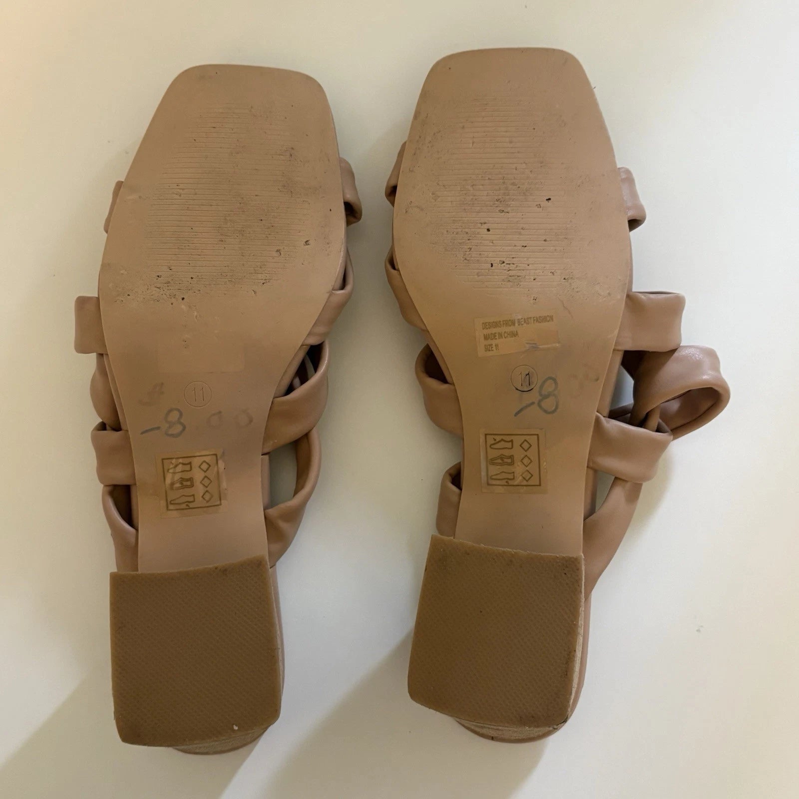 Womens Slip on Slides 11 Tan Strappy Mid Chuncky Stack Heel Sq Toe Beast Fashion