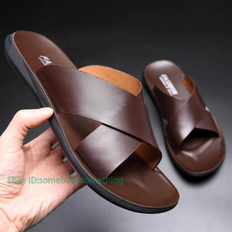 Mens Leather Flats Slip On Summer Casual Slippers Casual Beach Slides Shoes Size