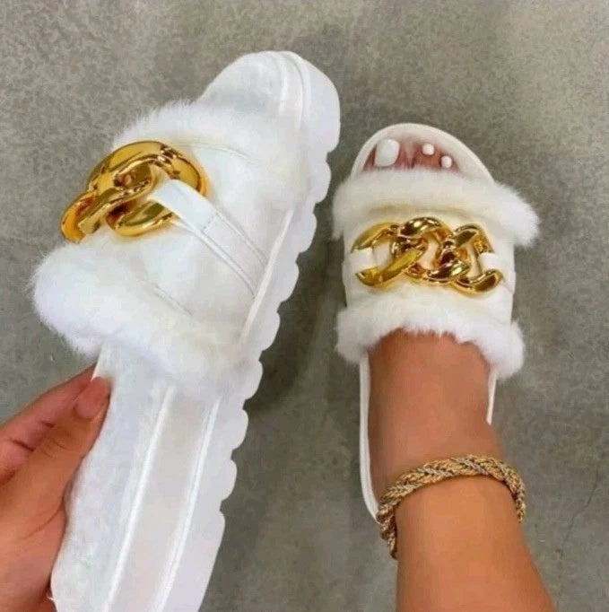 WOMENS FLAT FASHION DESIGNER FAUX FLUFFY FUR SLIDES LADIES MULES SLIDERS SANDALS