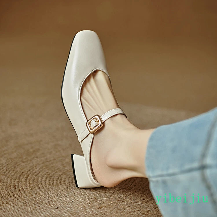 Women's Square Toe Mules Slides Low Heel Sandal Slingbacks Casual Shoes Office