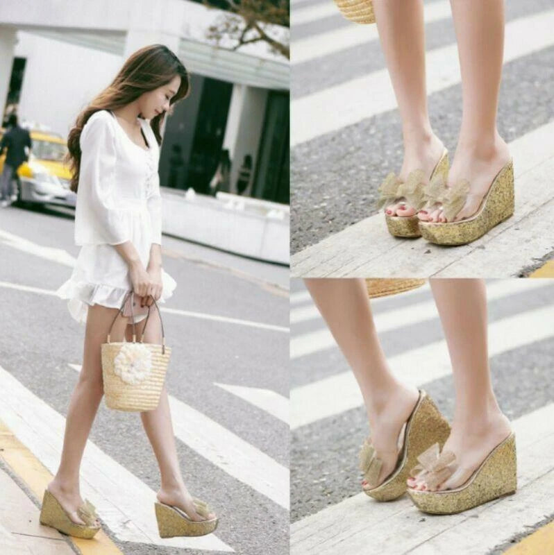 Womens Summer Sandals Bowknot Wedge Heel Platform Open Toe Slipper Causal Shoes