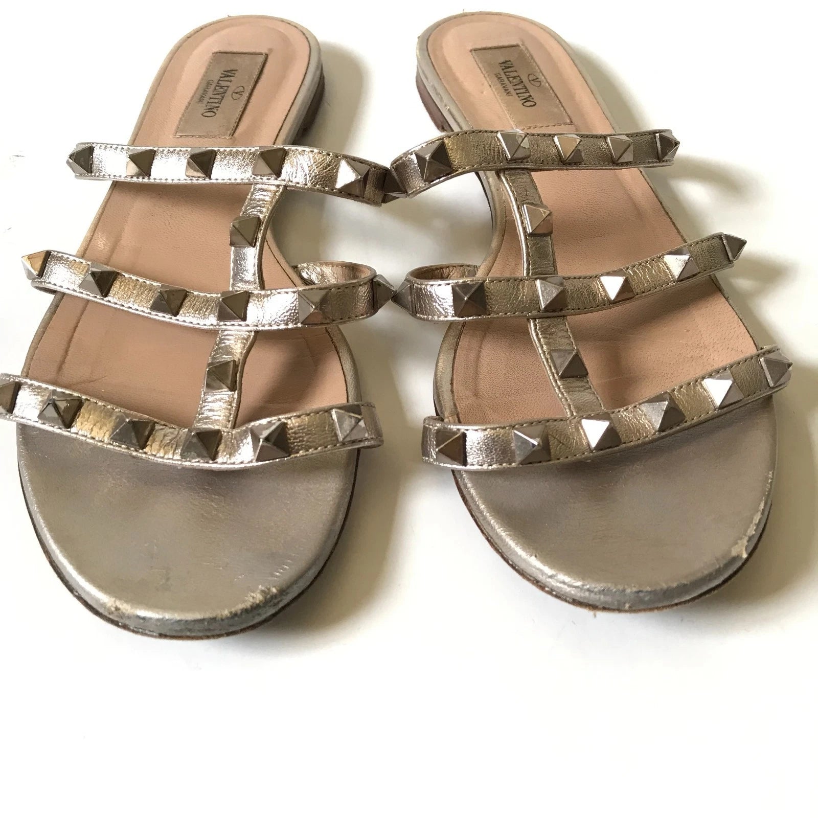 Valentino Rockstud Flat City Slide Sandals Womens 37.5 7.5 Metallic Leather Shoe
