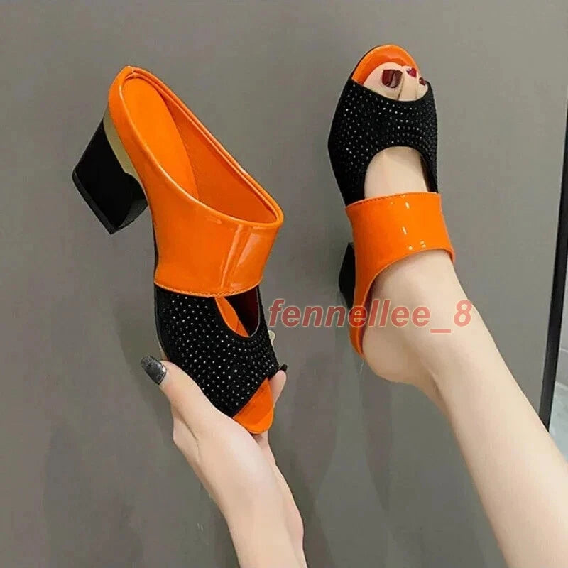 Women Sandals Square Heel Pumps Fashion Summer High Heels Slides Slippers Shoes