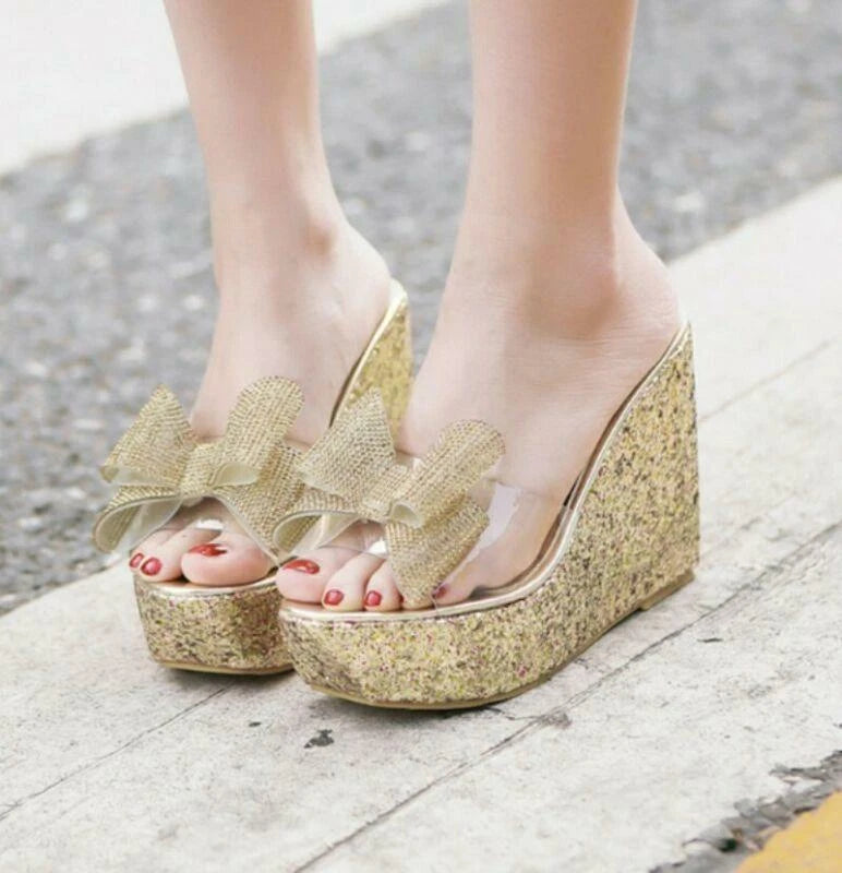 Womens Summer Sandals Bowknot Wedge Heel Platform Open Toe Slipper Causal Shoes