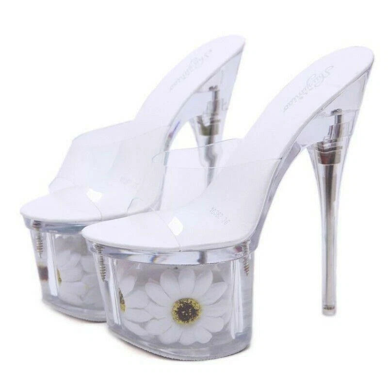 Women's Clear Transparent Flower Slipper Mules Slides Platform High Heel Sandals
