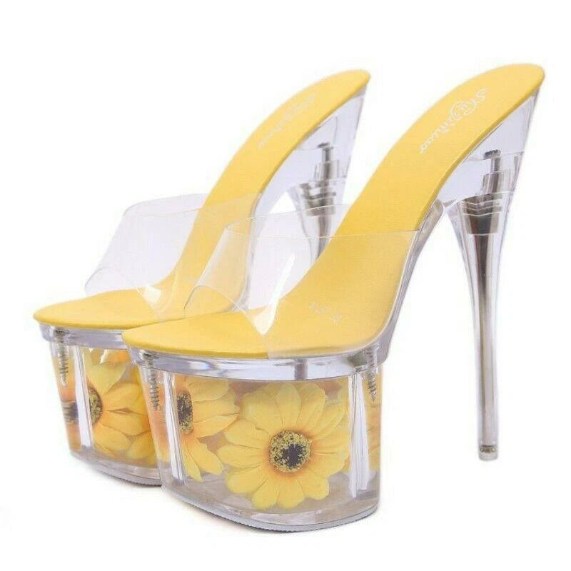 Women's Clear Transparent Flower Slipper Mules Slides Platform High Heel Sandals