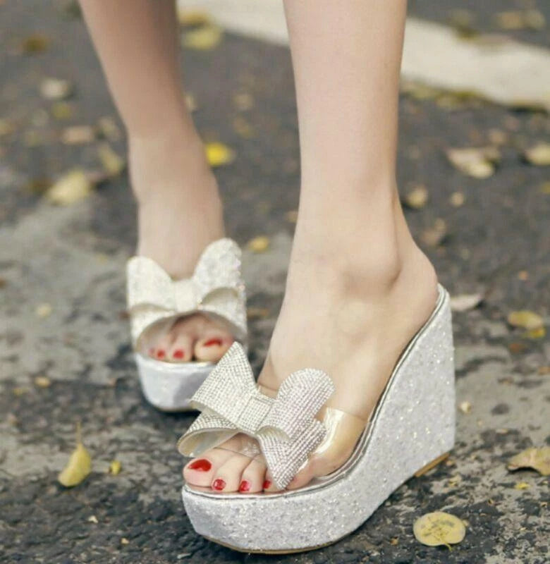 Womens Summer Sandals Bowknot Wedge Heel Platform Open Toe Slipper Causal Shoes