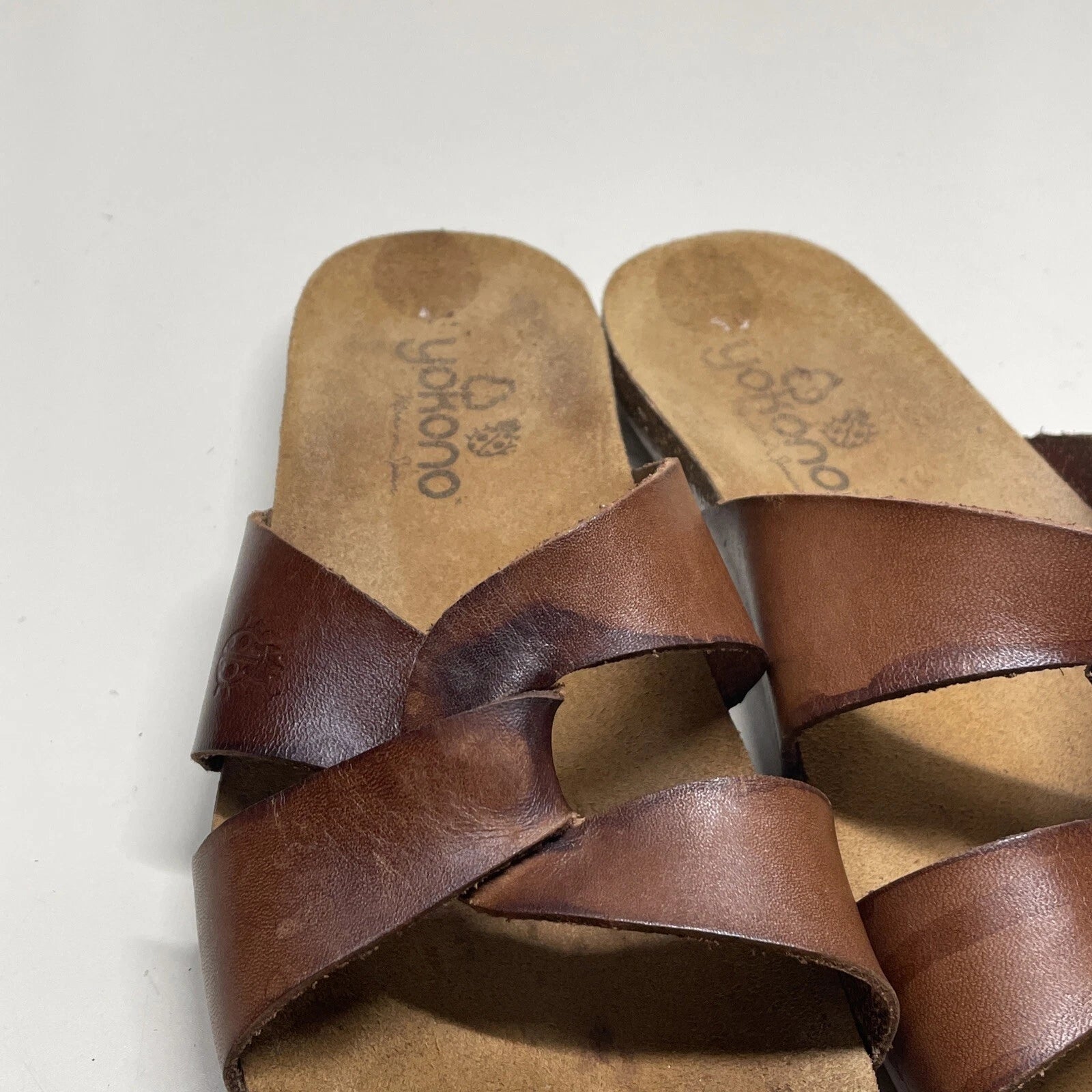 Yokono Women's Ochre Leather Cork Wedge Slide Sandals Size 7.5 Made in Spain