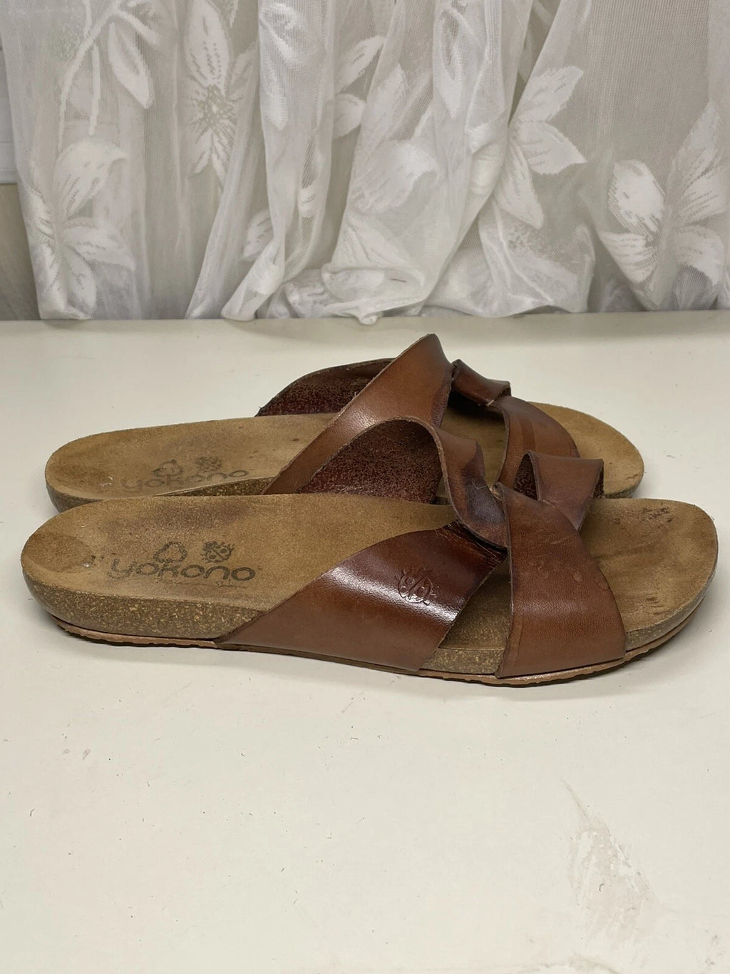 Yokono Women's Ochre Leather Cork Wedge Slide Sandals Size 7.5 Made in Spain