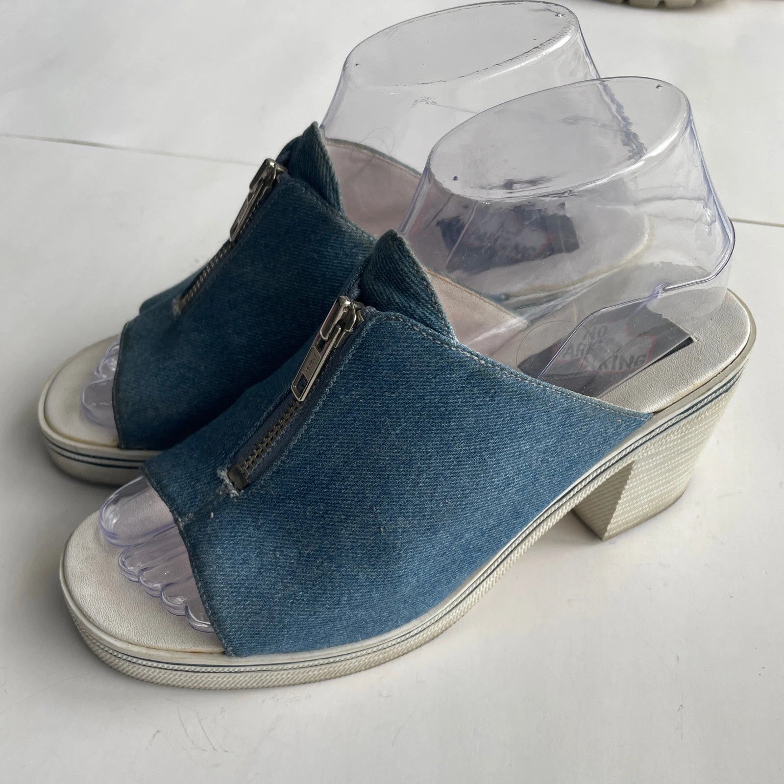 Y2K Denim Mules Heeled Sandals Zip Open Toe 90s Platform Shoes Women's Size 7.5